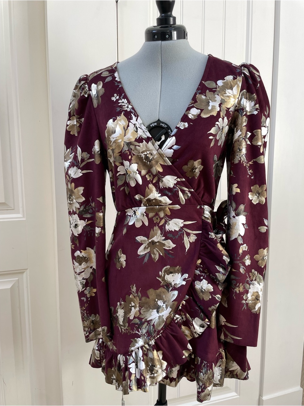Tularosa Burgundy Floral Wrap Mini Dress with Gold & Cream Blooms